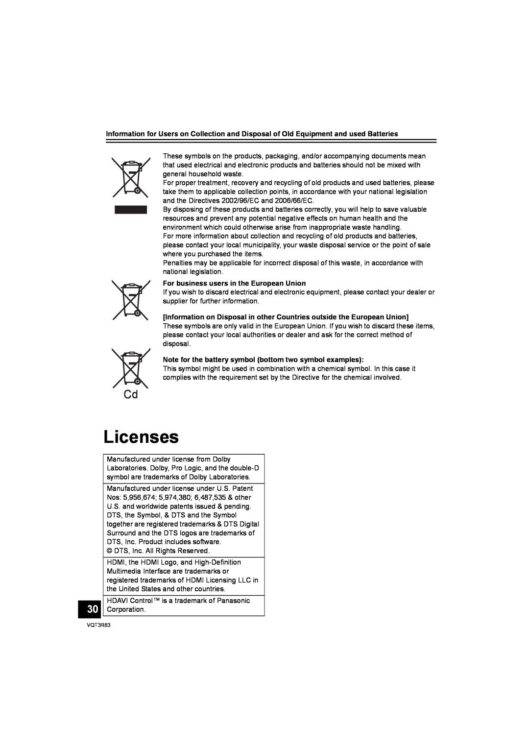 Panasonic SC-HTB15 operating instructions Licenses 
