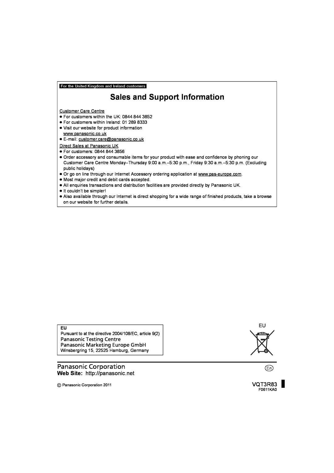 Panasonic SC-HTB15 operating instructions Panasonic Corporation, Sales and Support Information, VQT3R83 