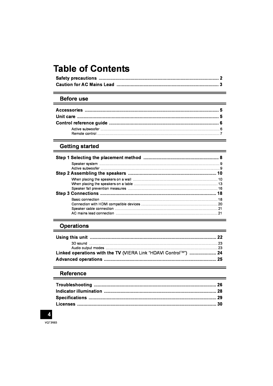Panasonic SC-HTB15 operating instructions Table of Contents, Before use, Getting started, Operations, Reference 