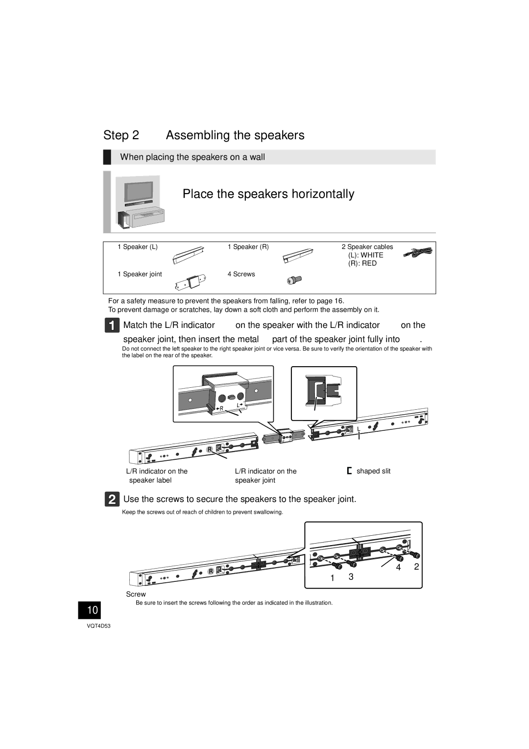 Panasonic SC-HTB20 Assembling the speakers, Place the speakers horizontally, When placing the speakers on a wall,   