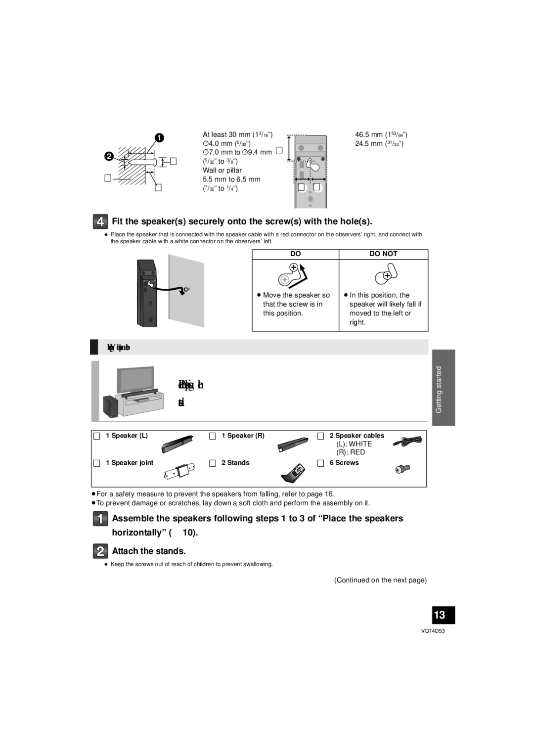 Panasonic SC-HTB20 Place the speakers using the stands, Fit the speakers securely onto the screws with the holes 