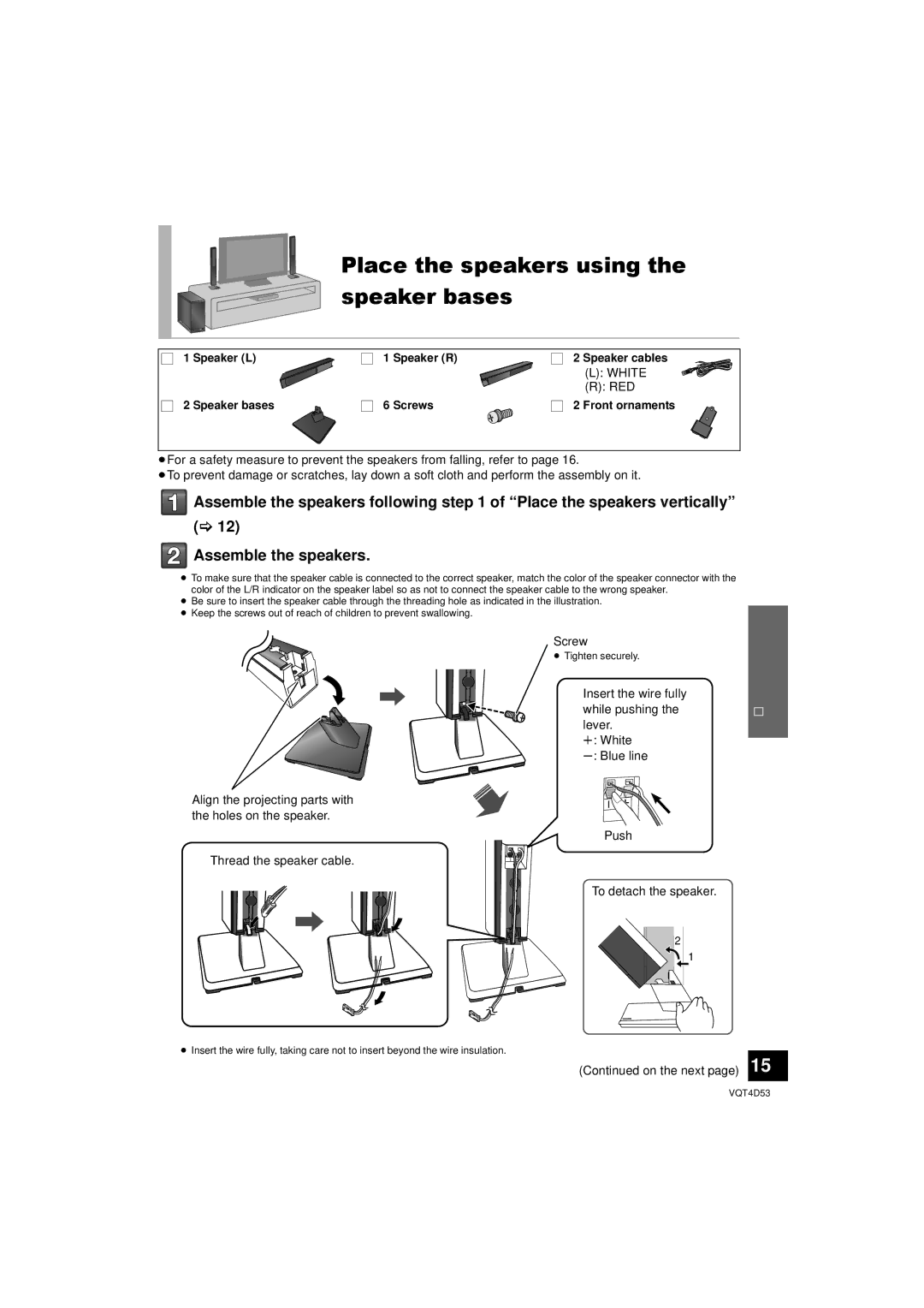 Panasonic SC-HTB20 owner manual Place the speakers using the speaker bases, Screw 