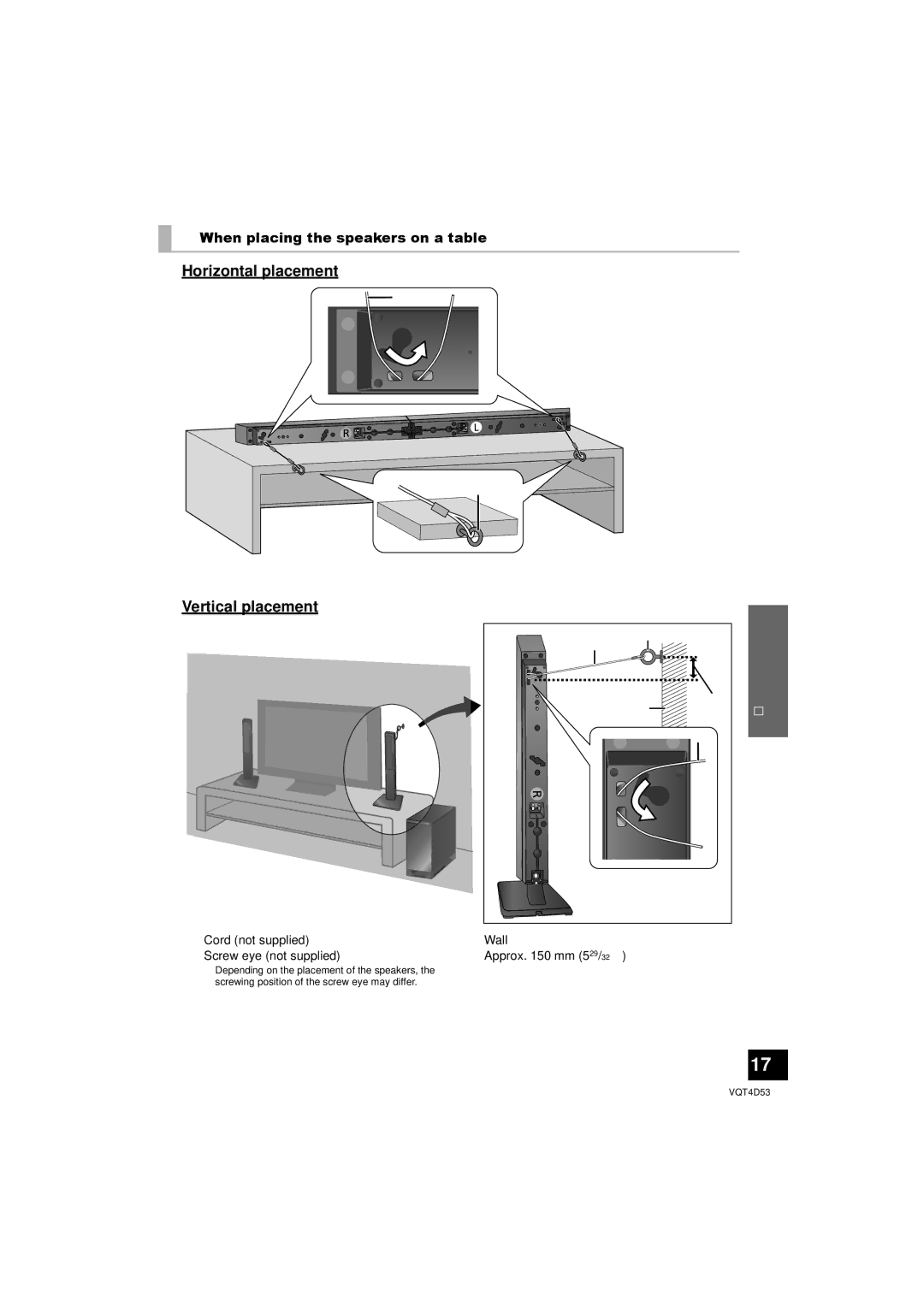 Panasonic SC-HTB20 owner manual Horizontal placement Vertical placement, When placing the speakers on a table 