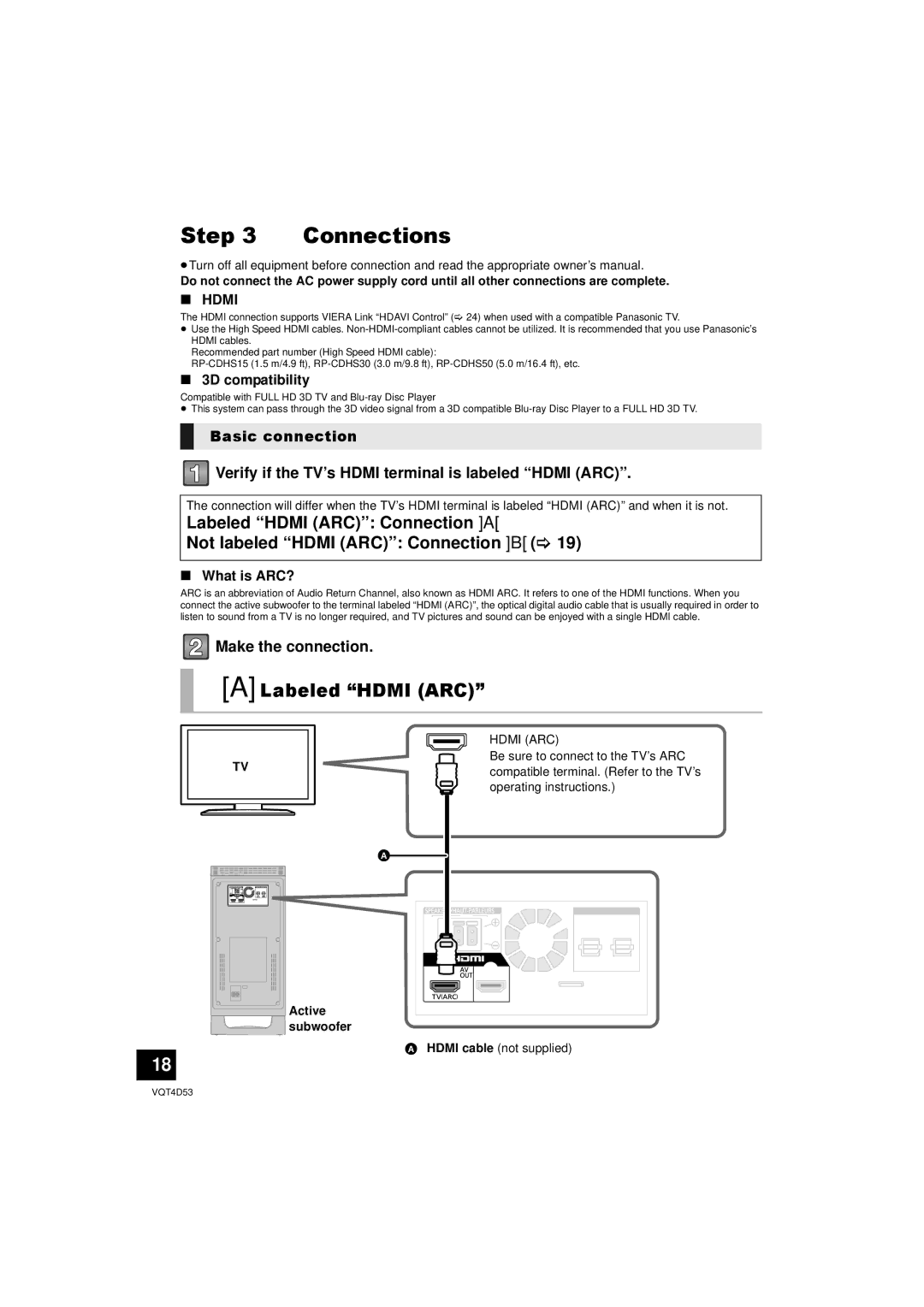 Panasonic SC-HTB20 owner manual Connections, Make the connection, 3D compatibility, What is ARC?, Hdmi cable not supplied 