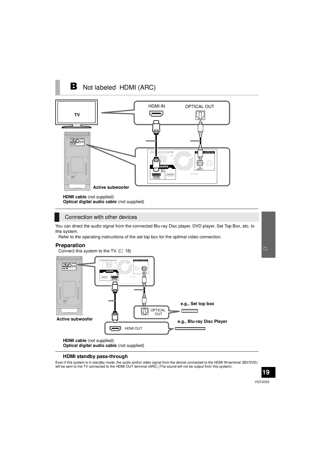 Panasonic SC-HTB20 owner manual Connection with other devices, Preparation, Hdmi standby pass-through, Active subwoofer 