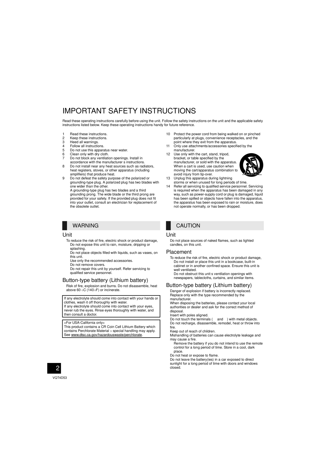 Panasonic SC-HTB20 owner manual Unit, Button-type battery Lithium battery, Placement 