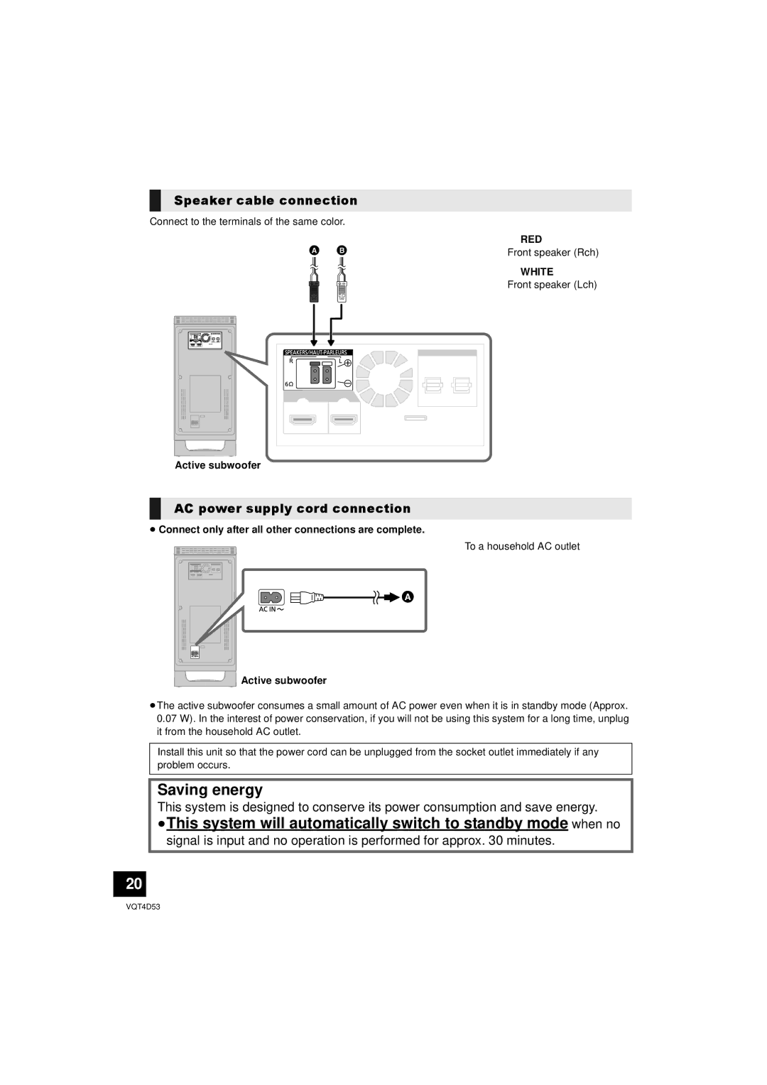 Panasonic SC-HTB20 owner manual Speaker cable connection, AC power supply cord connection, Red 