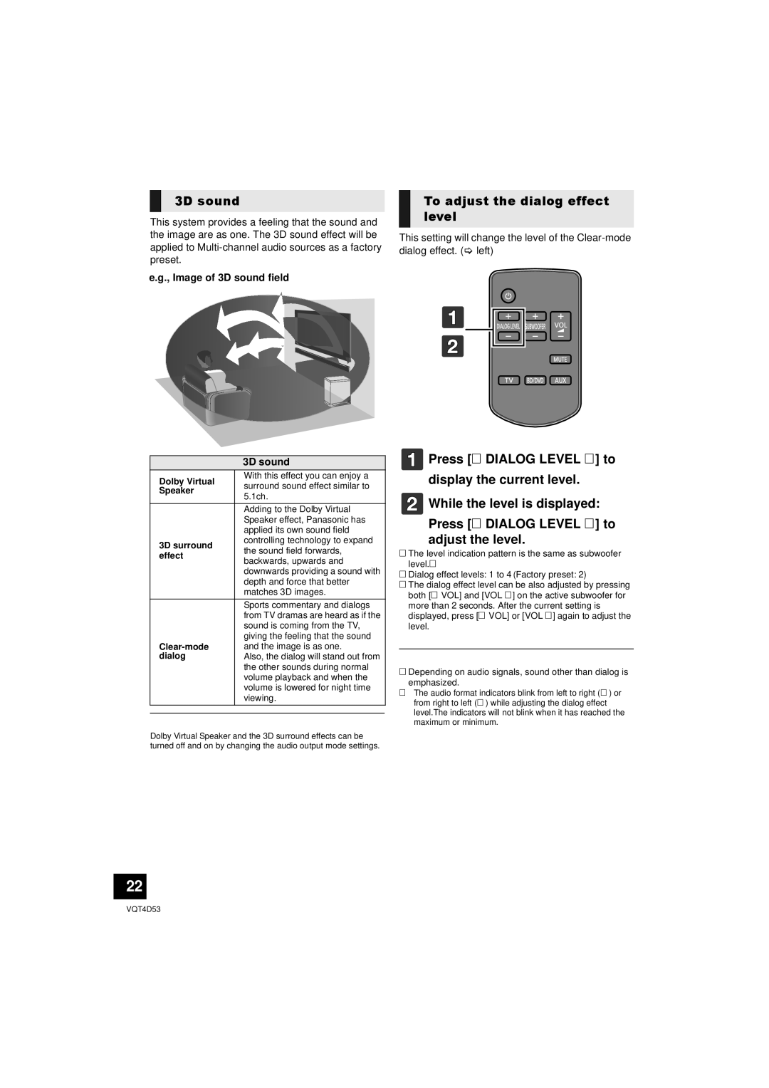 Panasonic SC-HTB20 owner manual To adjust the dialog effect level, Image of 3D sound field 