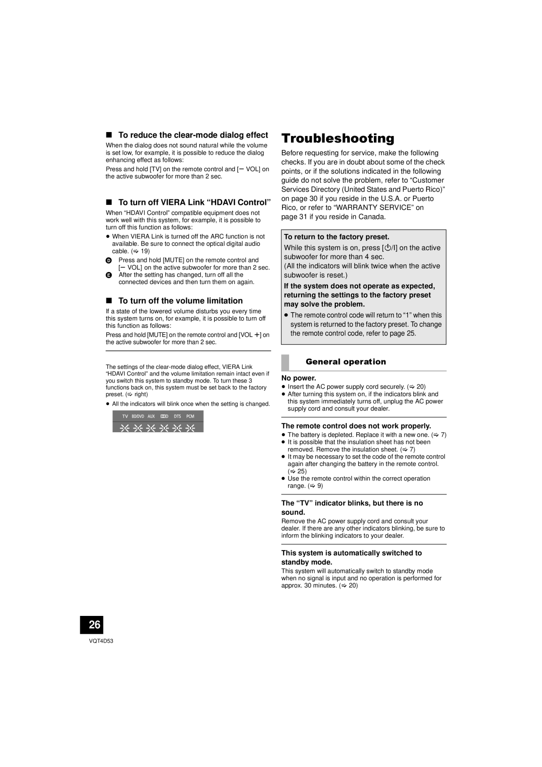 Panasonic SC-HTB20 Troubleshooting, To reduce the clear-mode dialog effect, To turn off Viera Link Hdavi Control 