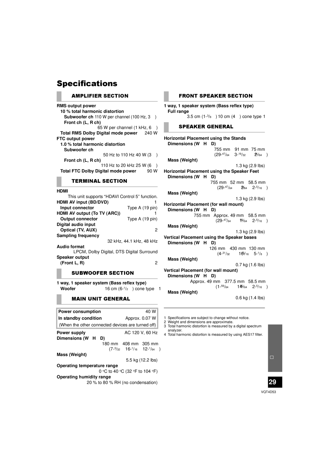 Panasonic SC-HTB20 owner manual Specifications, Hdmi 