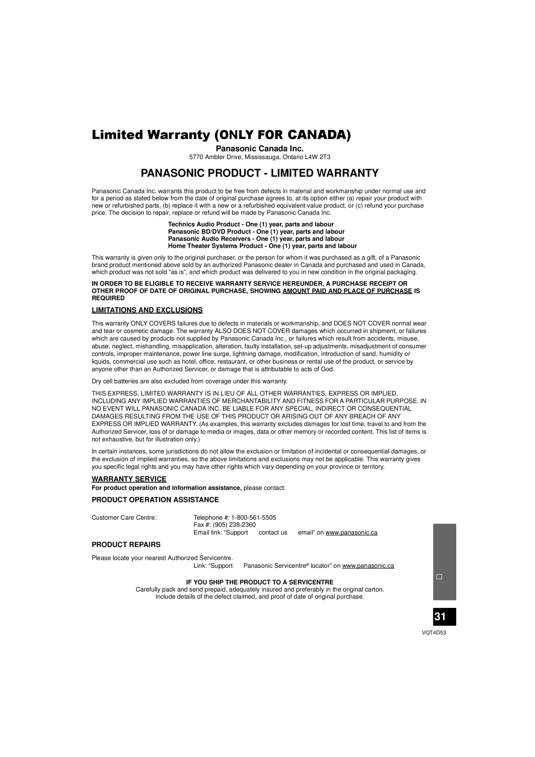 Panasonic SC-HTB20 owner manual Limited Warranty only for Canada, Panasonic Canada Inc 