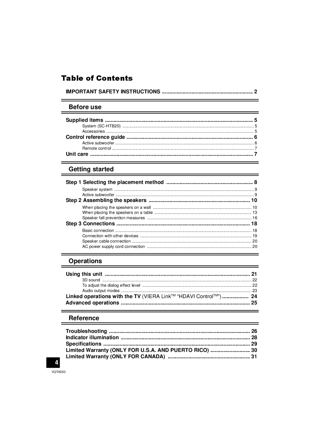 Panasonic SC-HTB20 owner manual Table of Contents 