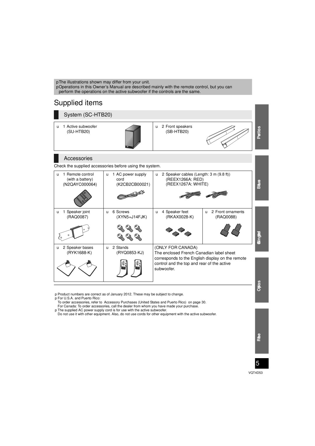 Panasonic owner manual Supplied items, System SC-HTB20, Accessories, REEX1267A White 