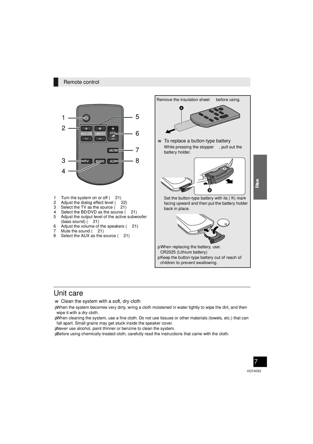 Panasonic SC-HTB20 Unit care, Remote control, To replace a button-type battery, Clean the system with a soft, dry cloth 