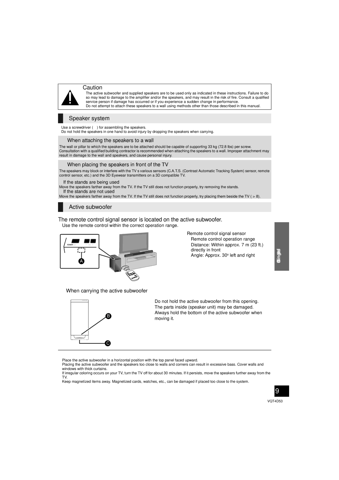 Panasonic SC-HTB20 Speaker system, When attaching the speakers to a wall, When placing the speakers in front of the TV 