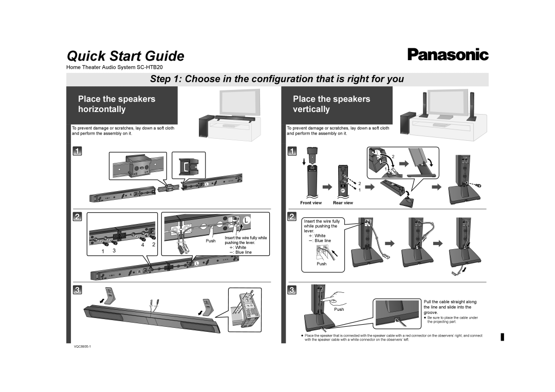 Panasonic SC-HTB20 quick start Quick Start Guide, Place the speakers horizontally, Place the speakers vertically 