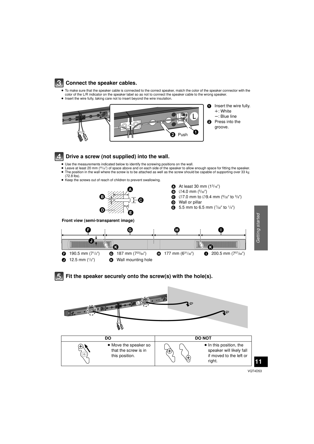 Panasonic SC-HTB20 owner manual  , Drive a screw not supplied into the wall, Getting started, Do Not 