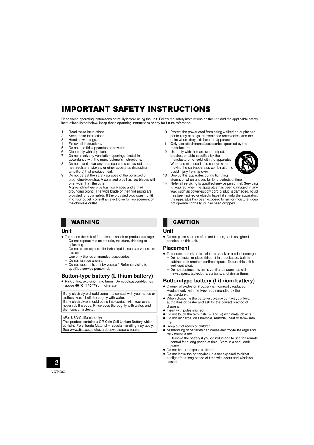 Panasonic SC-HTB20 owner manual Important Safety Instructions, Unit, Button-typebattery Lithium battery, Placement 