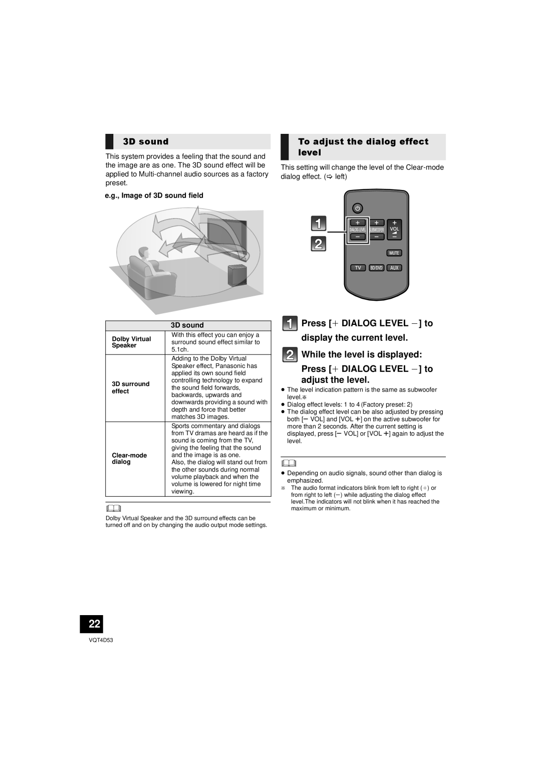 Panasonic SC-HTB20 owner manual 3D sound, To adjust the dialog effect level, While the level is displayed 