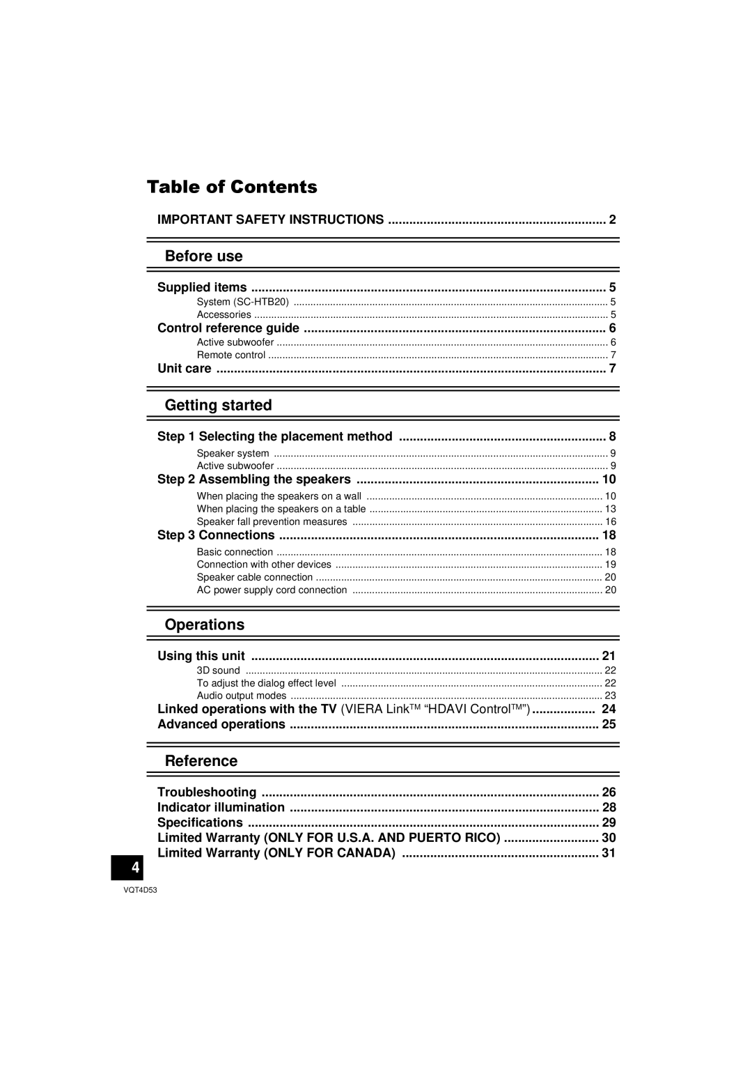 Panasonic SC-HTB20 owner manual Table of Contents, Before use, Getting started, Operations, Reference 