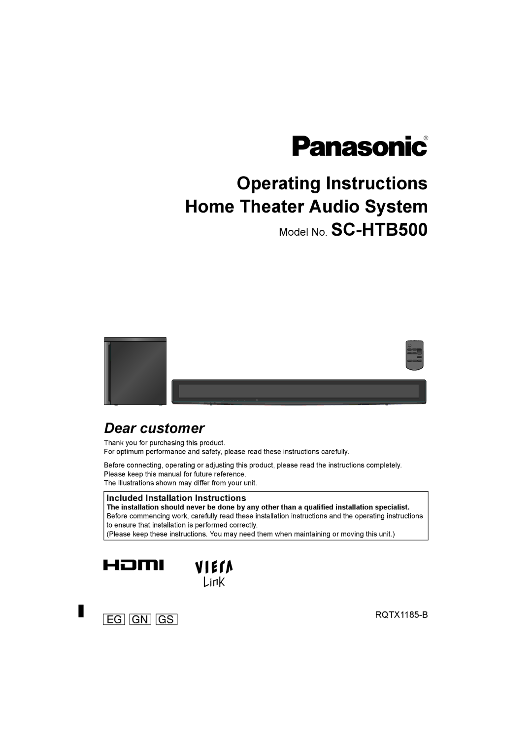 Panasonic operating instructions Model No. SC-HTB500, Included Installation Instructions 