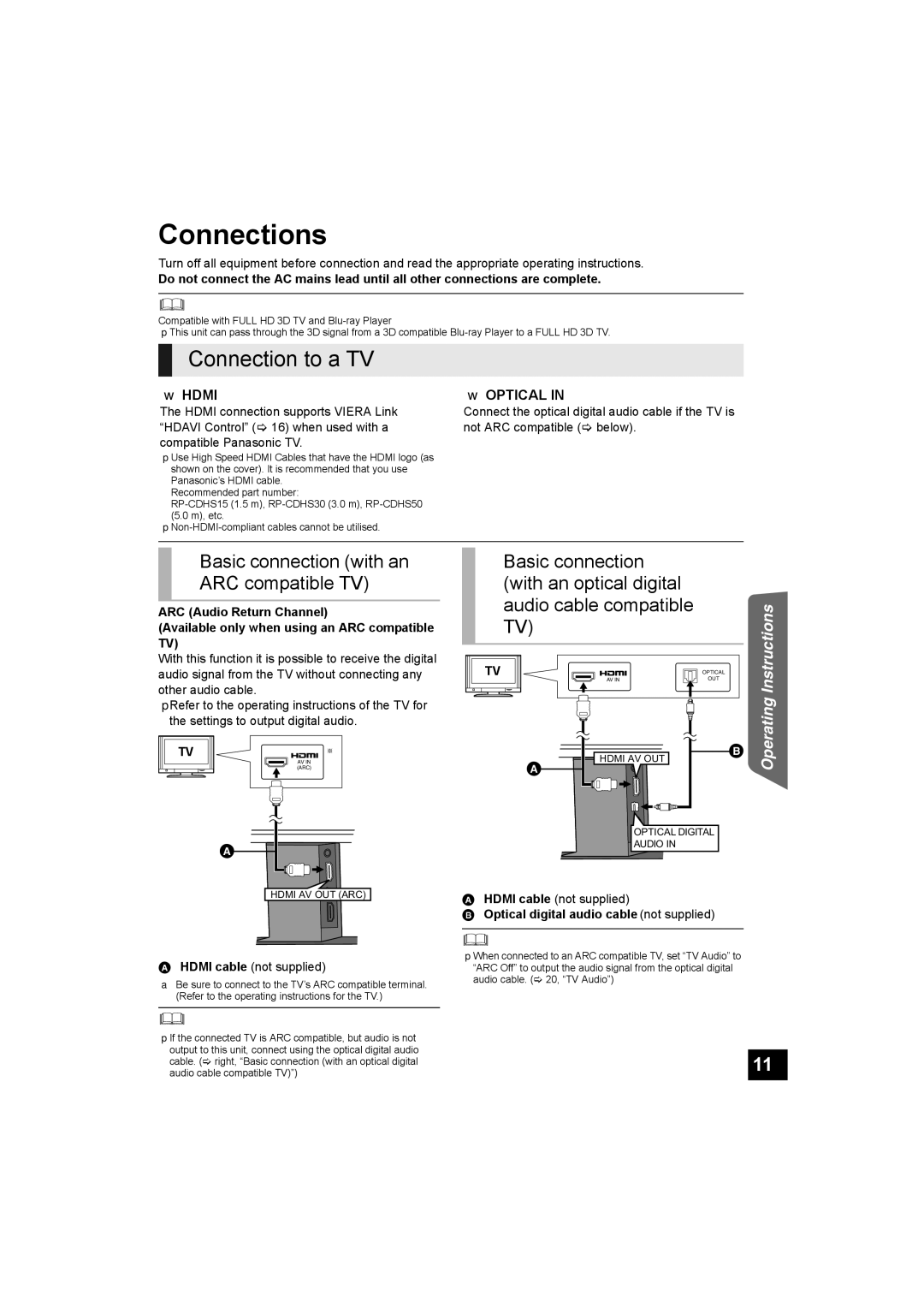 Panasonic SC-HTB500 Connections, Connection to a TV, Basic connection with an ARC compatible TV, Hdmi cable not supplied 