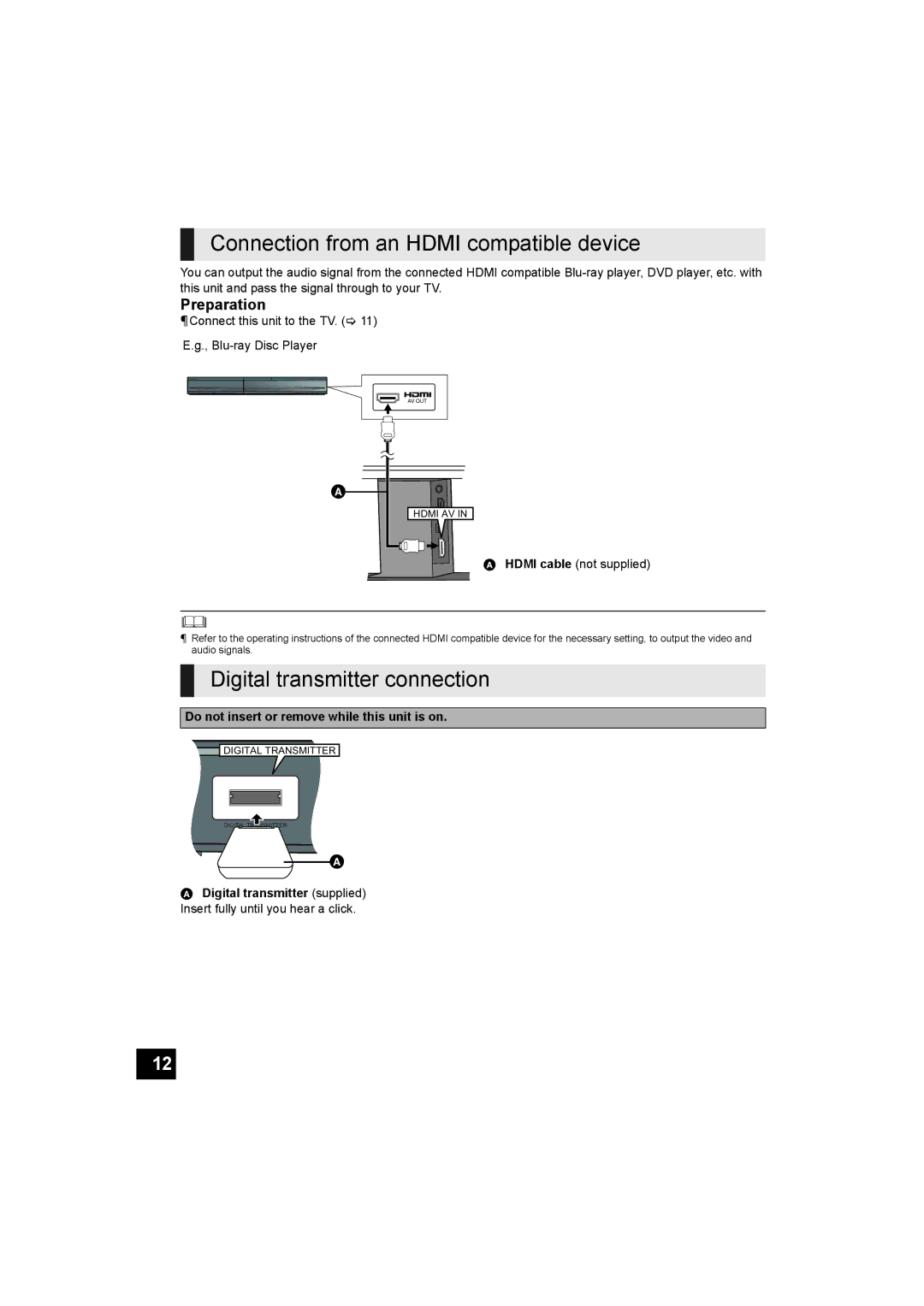 Panasonic SC-HTB500 operating instructions Connection from an Hdmi compatible device, Digital transmitter connection 