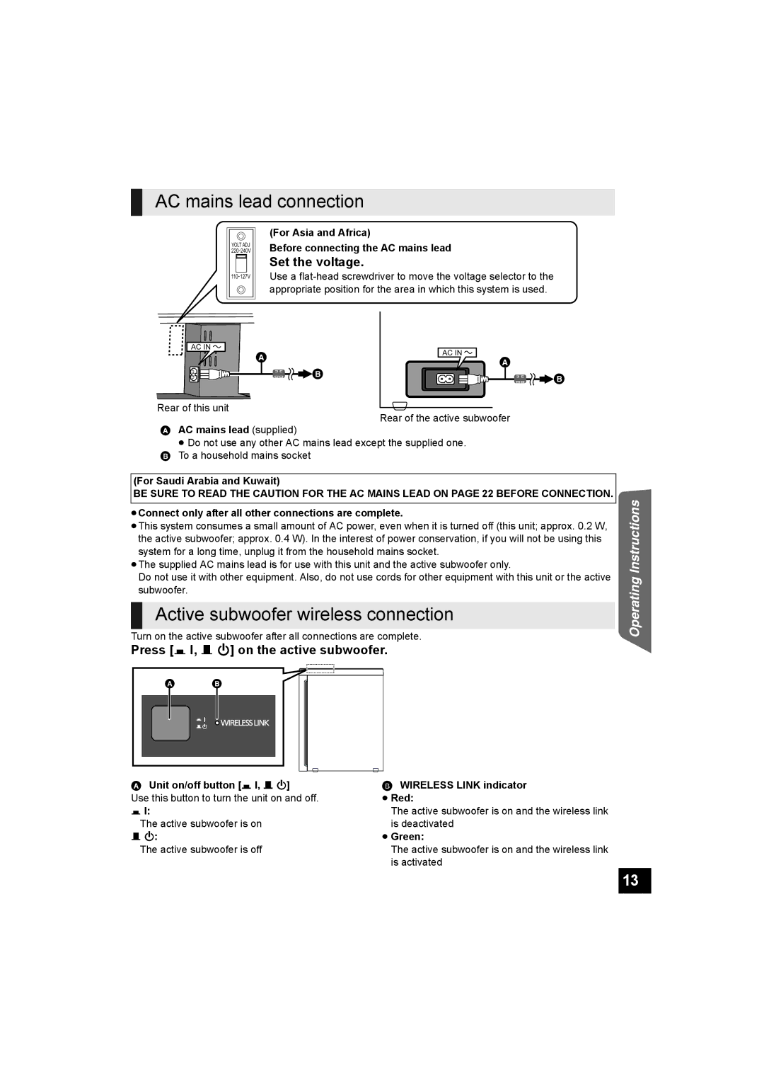 Panasonic SC-HTB500 operating instructions AC mains lead connection, Active subwoofer wireless connection, Set the voltage 