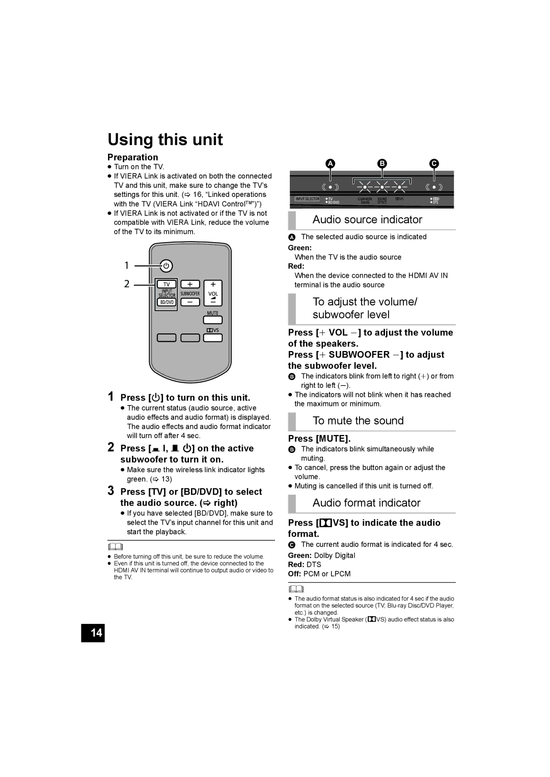 Panasonic SC-HTB500 Using this unit, Audio source indicator, To adjust the volume/ subwoofer level, To mute the sound 