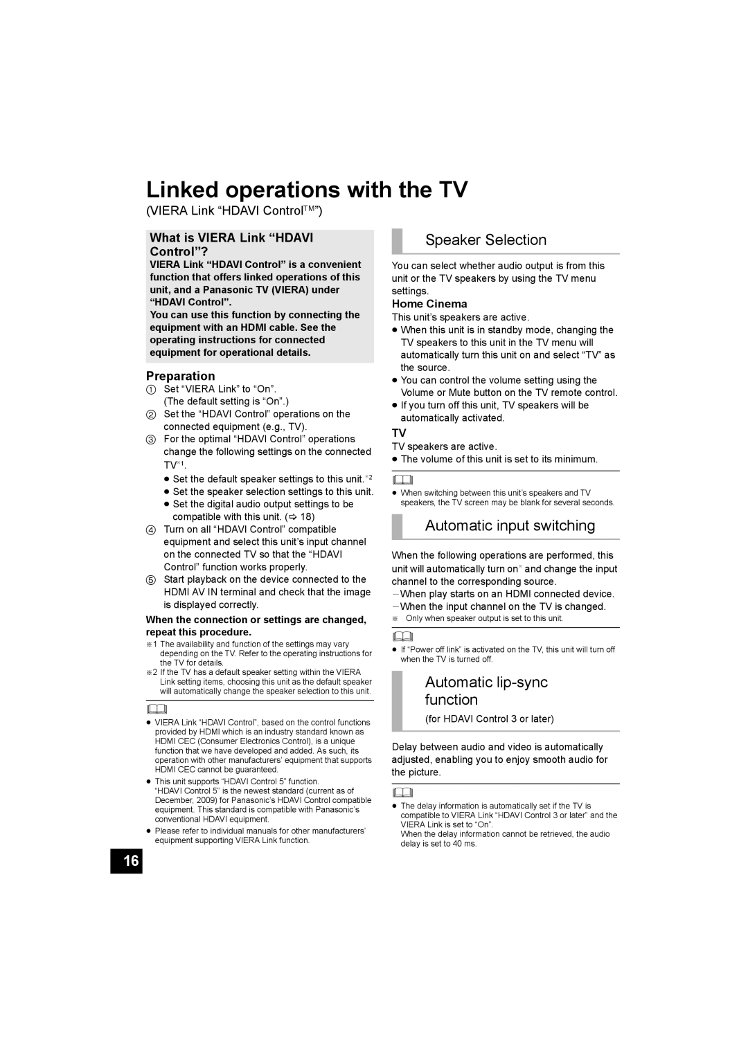 Panasonic SC-HTB500 operating instructions Linked operations with the TV, Speaker Selection, Automatic input switching 