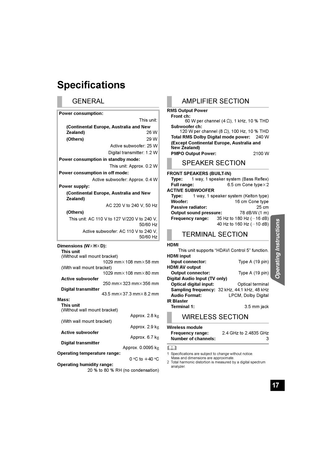 Panasonic SC-HTB500 operating instructions Specifications 