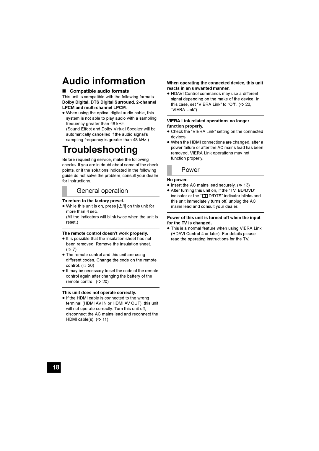 Panasonic SC-HTB500 Audio information, Troubleshooting, General operation, Power, Compatible audio formats 