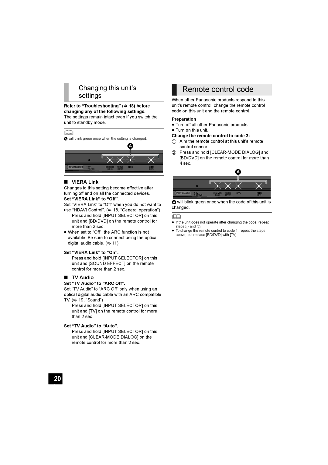 Panasonic SC-HTB500 operating instructions Remote control code, Changing this unit’s settings, Viera Link, TV Audio 