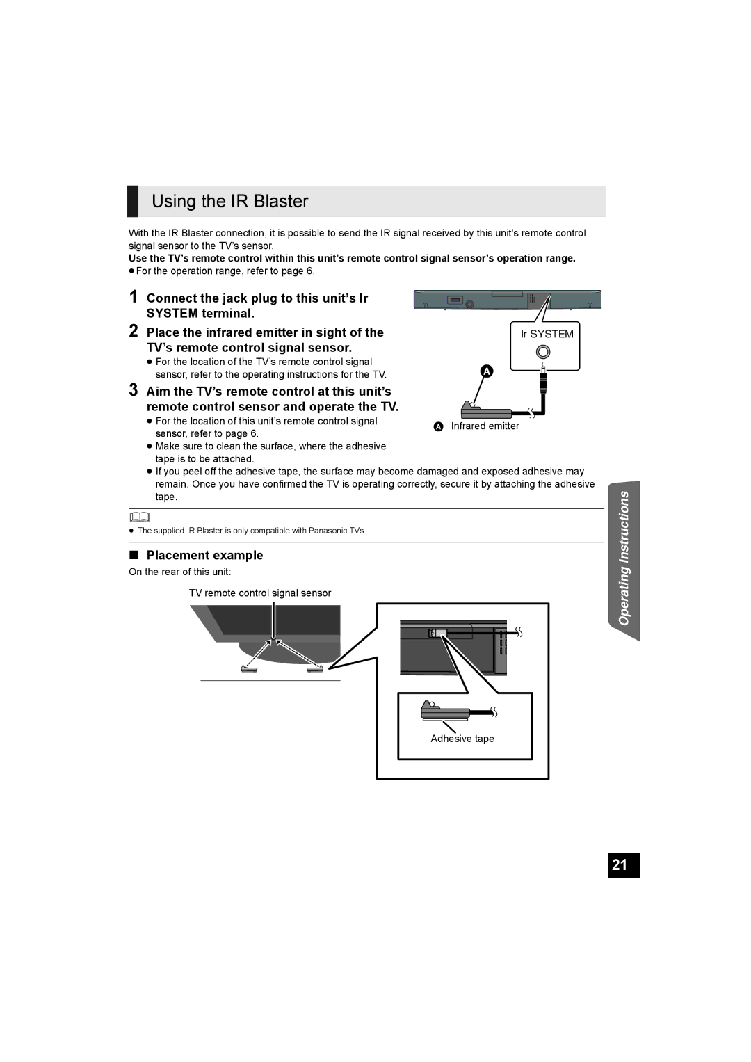 Panasonic SC-HTB500 operating instructions Using the IR Blaster, TV’s remote control signal sensor, Placement example 