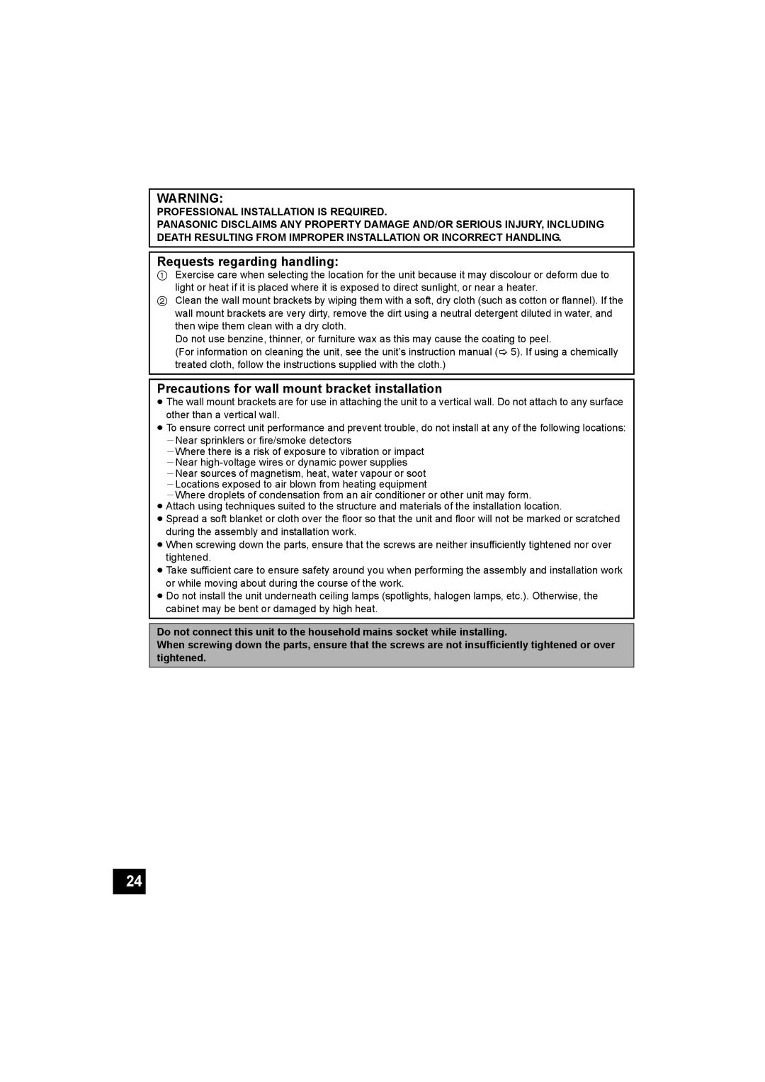 Panasonic SC-HTB500 operating instructions Requests regarding handling, Precautions for wall mount bracket installation 