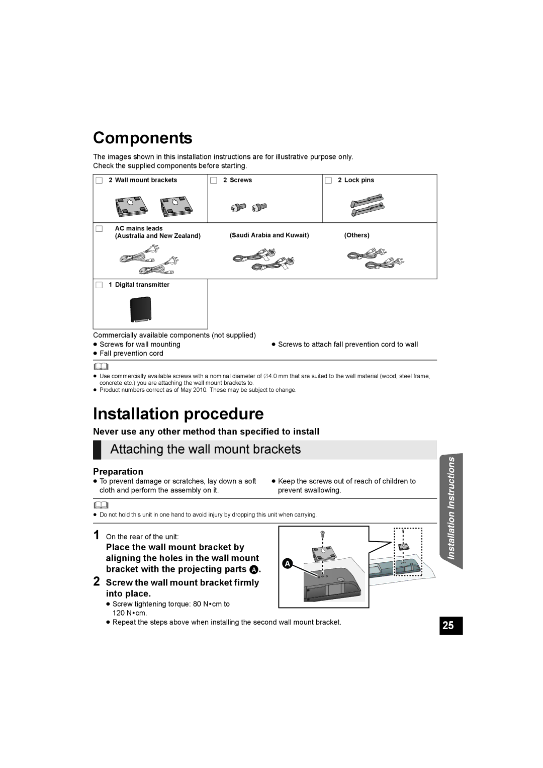 Panasonic SC-HTB500 Components, Installation procedure, Attaching the wall mount brackets, On the rear of the unit 