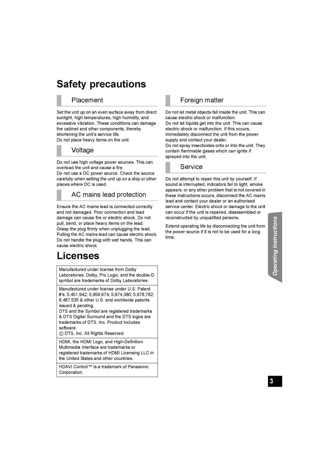 Panasonic SC-HTB500 operating instructions Safety precautions, Licenses 