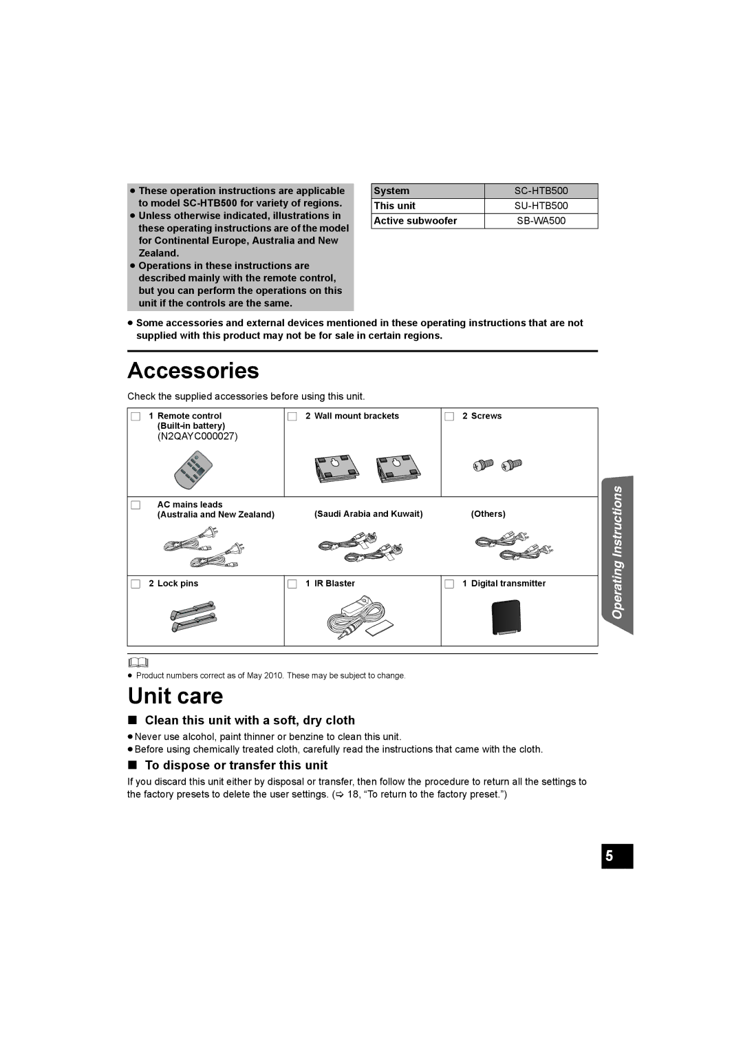 Panasonic SC-HTB500 Accessories, Unit care, Clean this unit with a soft, dry cloth, To dispose or transfer this unit 