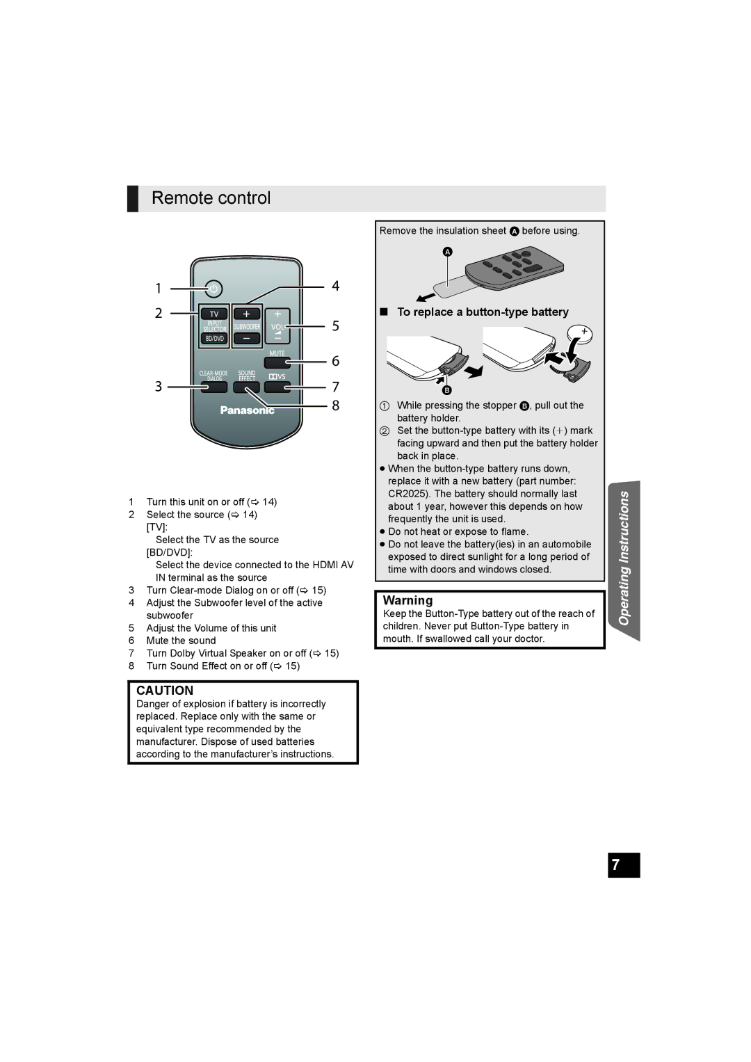 Panasonic SC-HTB500 operating instructions Remote control, To replace a button-type battery 