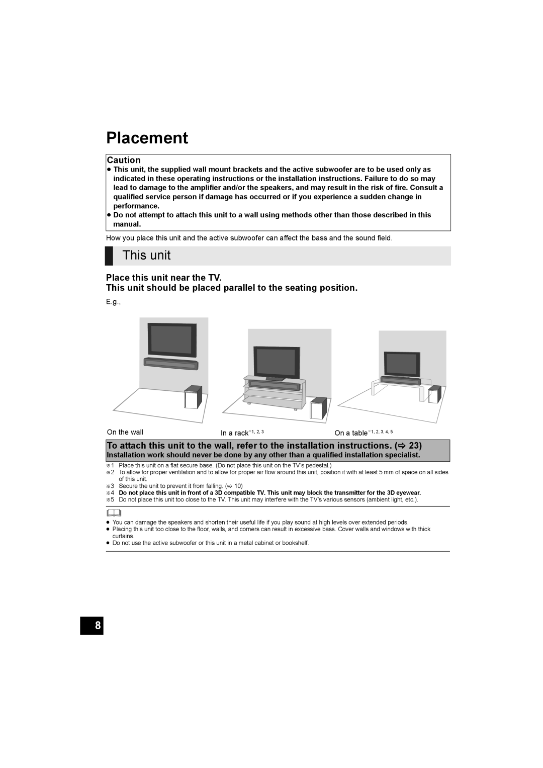 Panasonic SC-HTB500 operating instructions Placement, This unit, On the wall A rack § 1, 2 