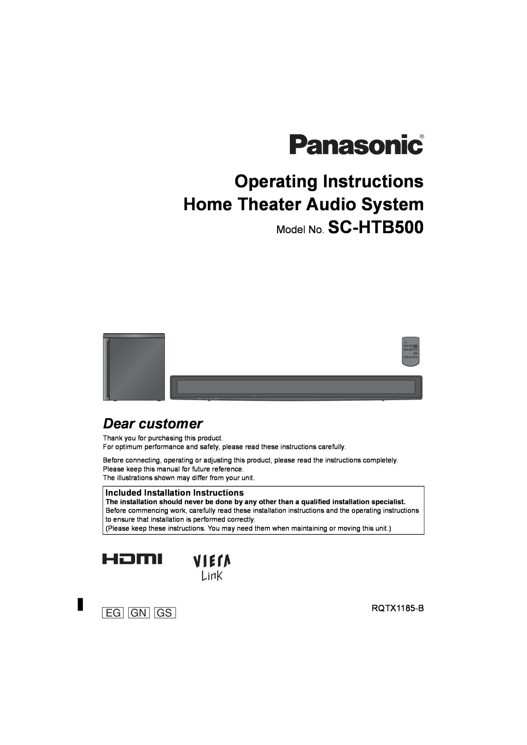 Panasonic operating instructions Operating Instructions Home Theater Audio System, Model No. SC-HTB500, RQTX1185-B 
