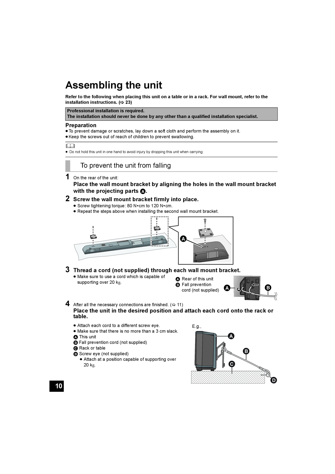 Panasonic SC-HTB500 operating instructions Assembling the unit, To prevent the unit from falling,    , Preparation 