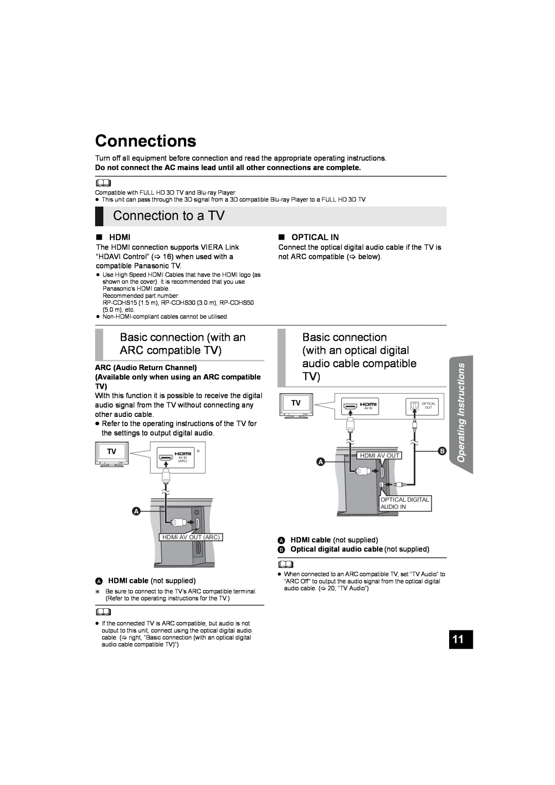Panasonic SC-HTB500 Connections, Connection to a TV, Basic connection with an ARC compatible TV, with an optical digital 