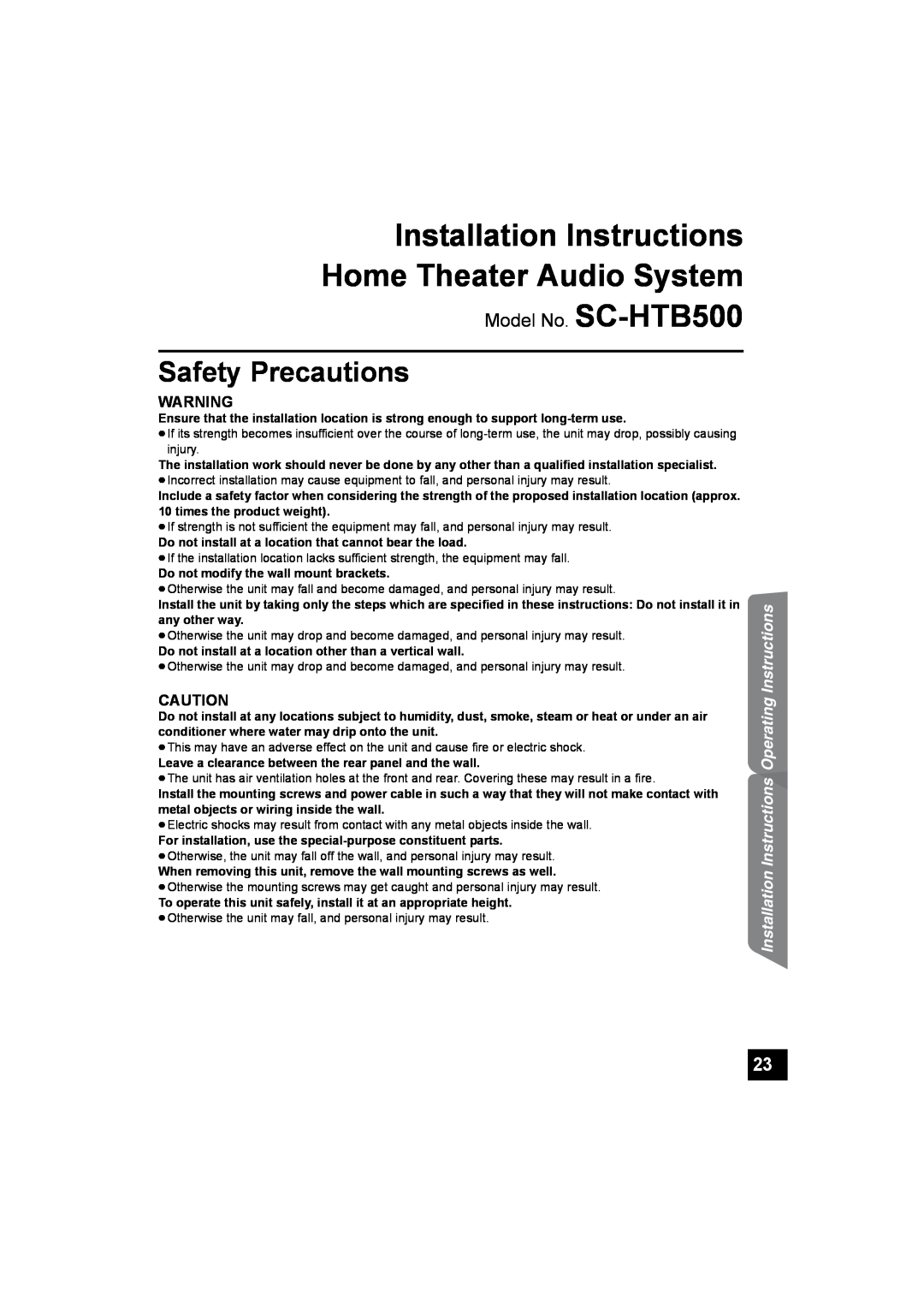 Panasonic Installation Instructions, Home Theater Audio System, Safety Precautions, Model No. SC-HTB500 
