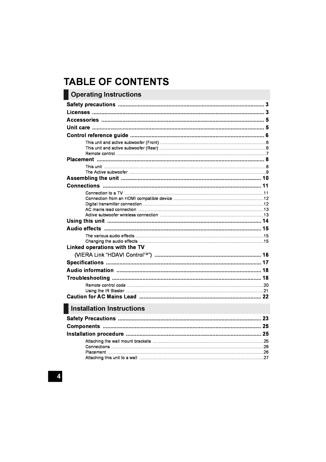 Panasonic SC-HTB500 Table Of Contents, Operating Instructions, Installation Instructions, Linked operations with the TV 