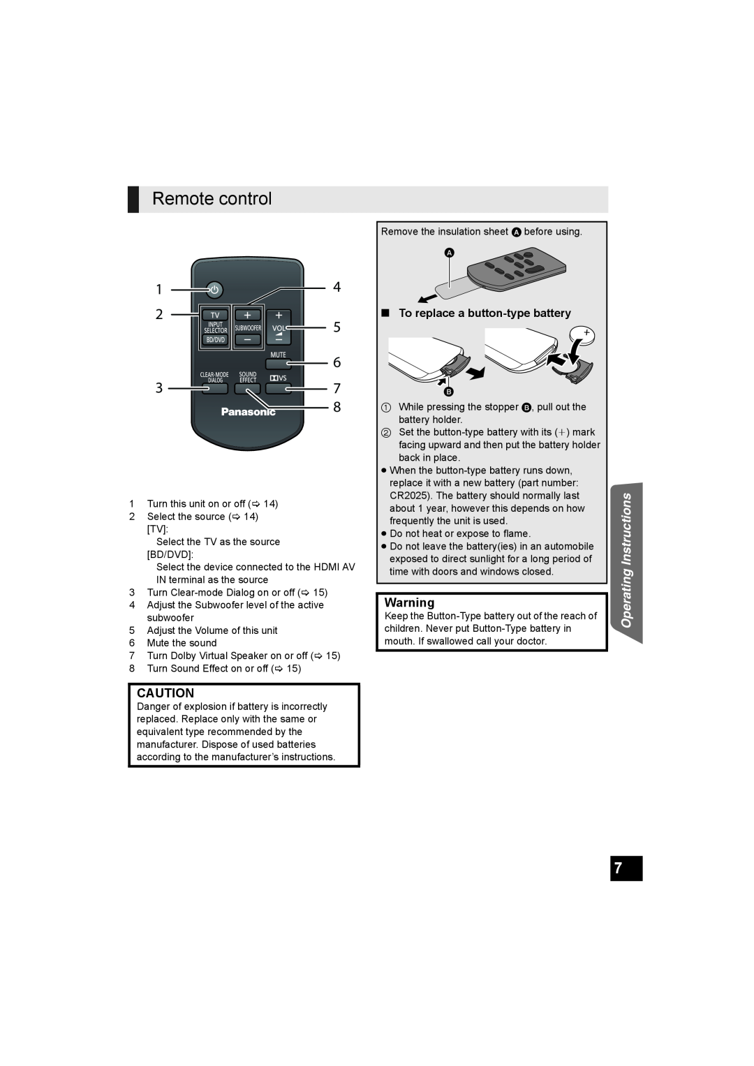 Panasonic SC-HTB500 operating instructions Remote control, Operating Instructions, To replace a button-typebattery 