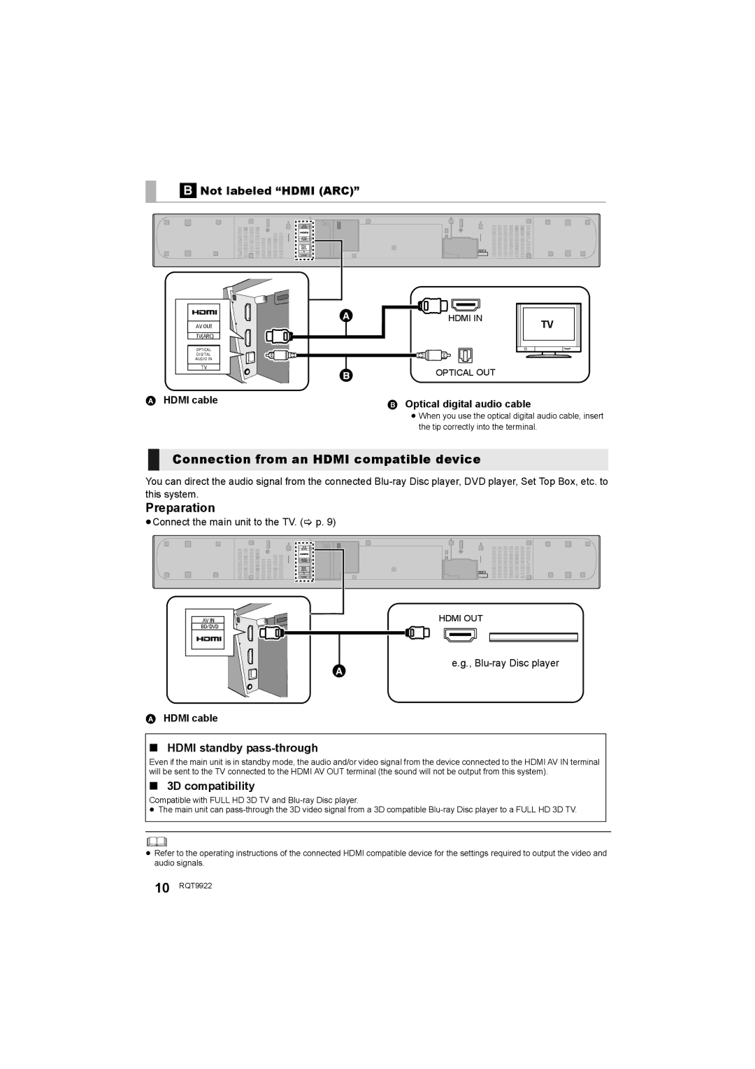 Panasonic SC-HTB580 Connection from an Hdmi compatible device, Preparation, Not labeled Hdmi ARC, 3D compatibility 