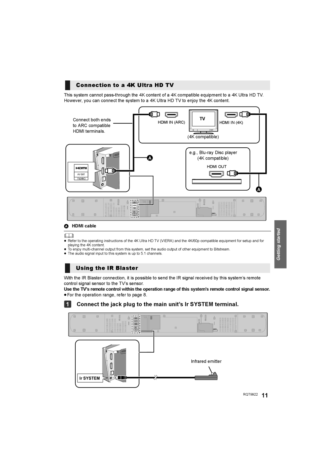 Panasonic SC-HTB580 owner manual Connection to a 4K Ultra HD TV, Using the IR Blaster 