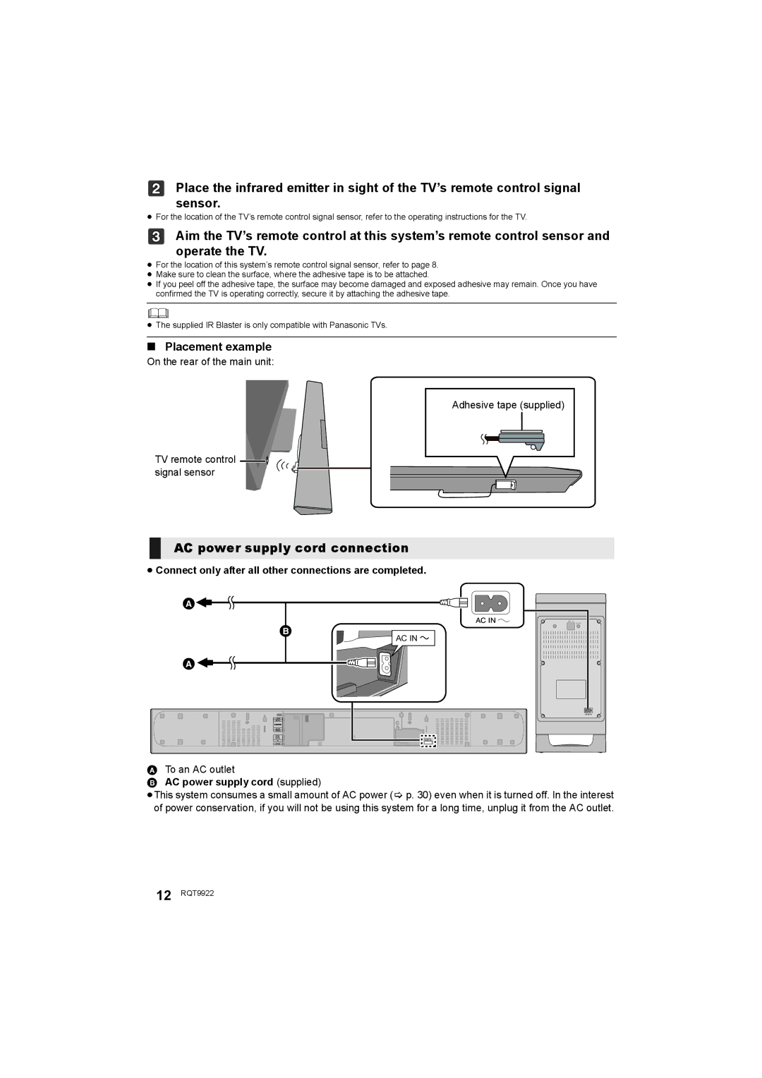 Panasonic SC-HTB580 AC power supply cord connection, Placement example, To an AC outlet, AC power supply cord supplied 