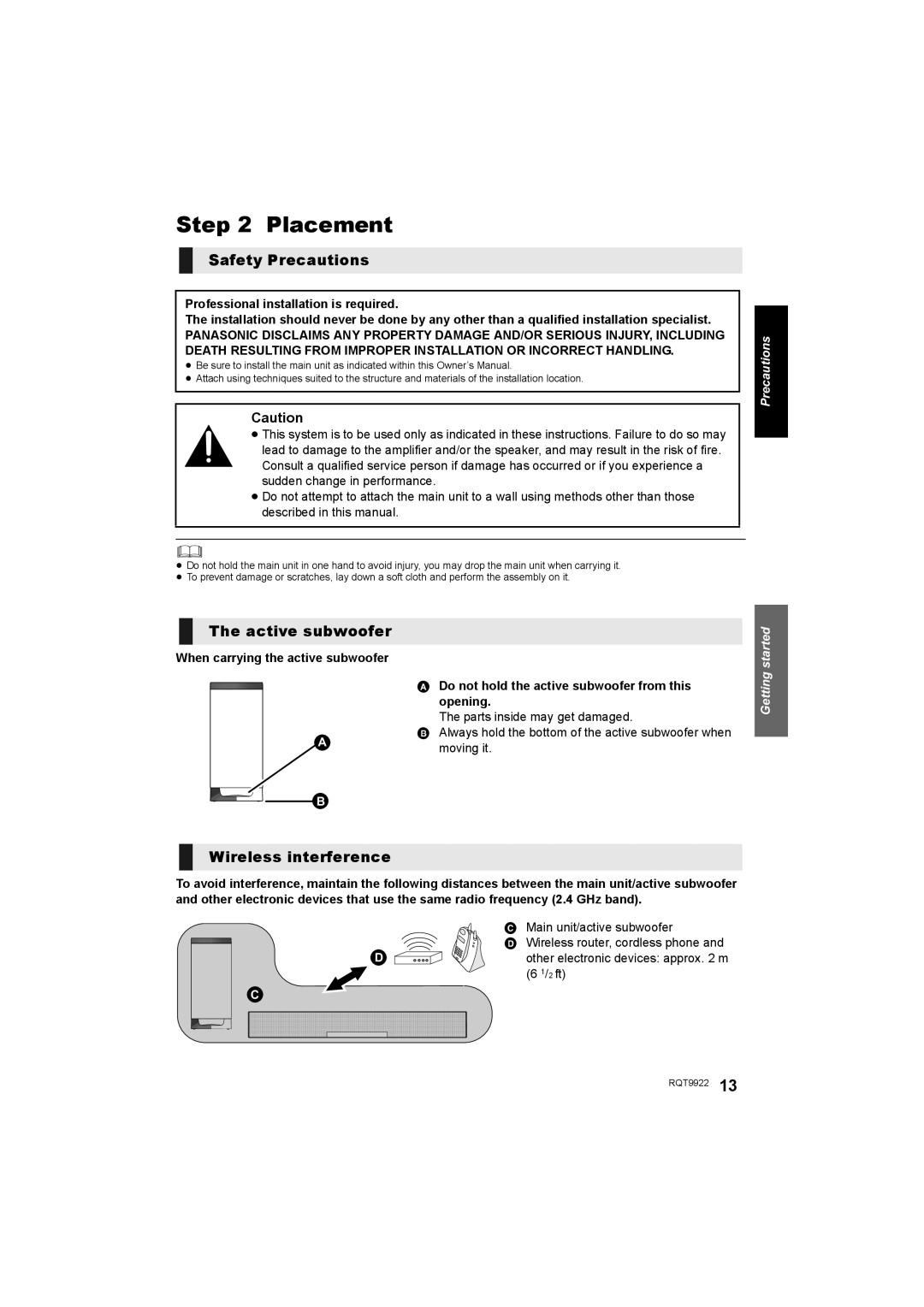 Panasonic SC-HTB580 owner manual Placement, Safety Precautions, Active subwoofer, Wireless interference 